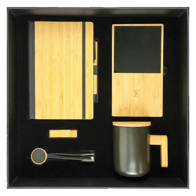 Black Cardboard Gift Box With Bamboo Notebook, Bamboo Pen, Ceramic Mug with Bamboo Lid & Handle